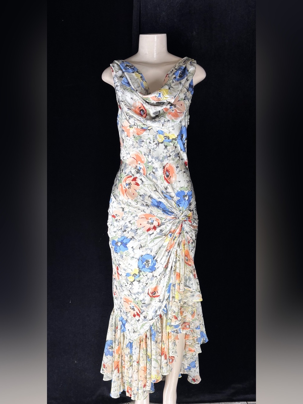 cinq a sept Floral High-Low Cowl Neck Dress in Blue and Peach